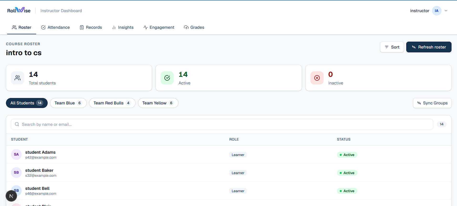 RollWise course roster synced from the LMS